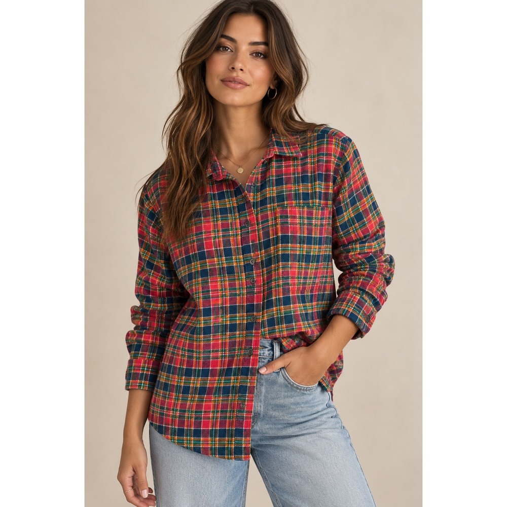 Woolrich Womens XL Red Multi Color Plaid Flannel Button Down Cotton Shirt 2464